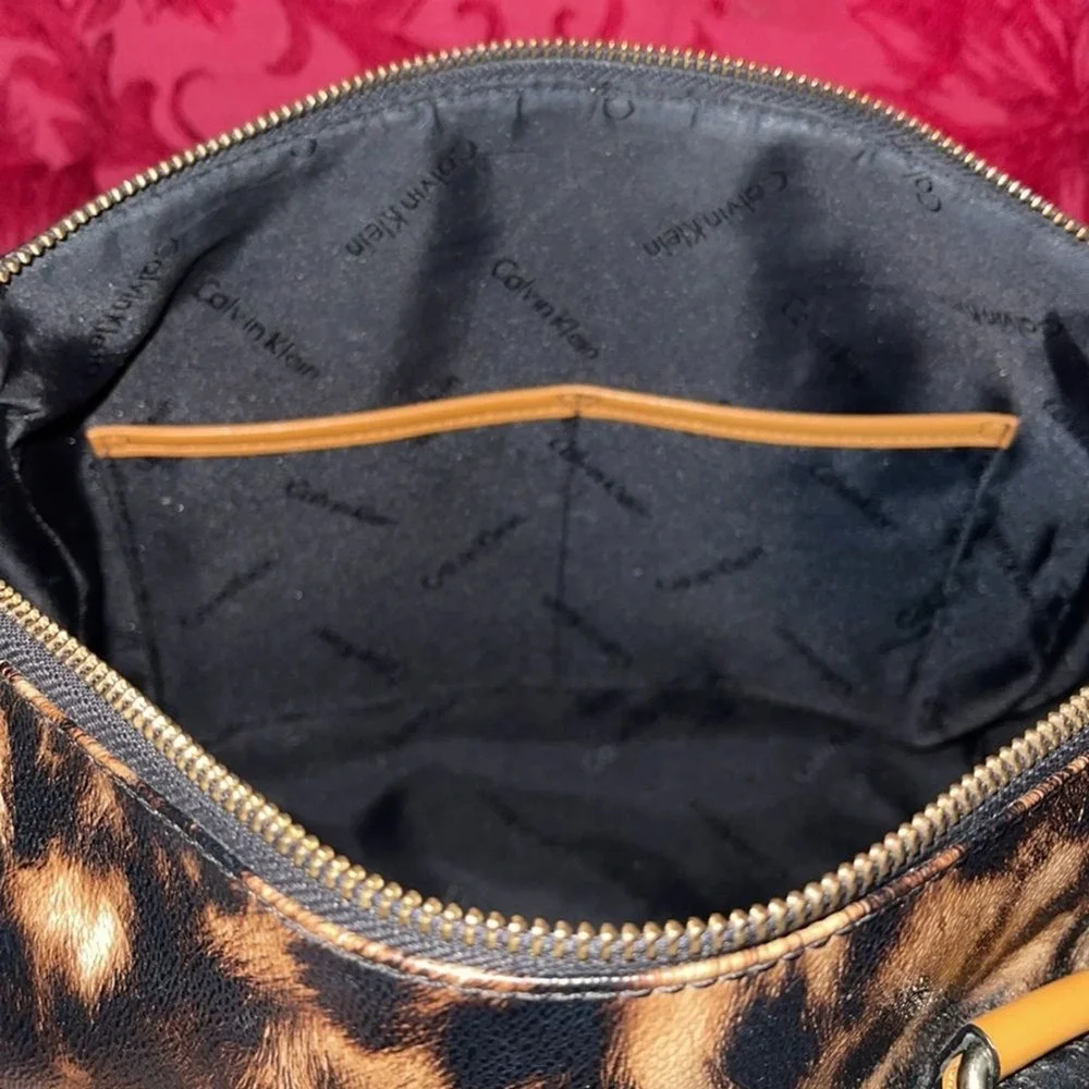 Calvin Klein Leopard Print Satchel Bag Black‎ Patent Trim Gold Hardware Handbag